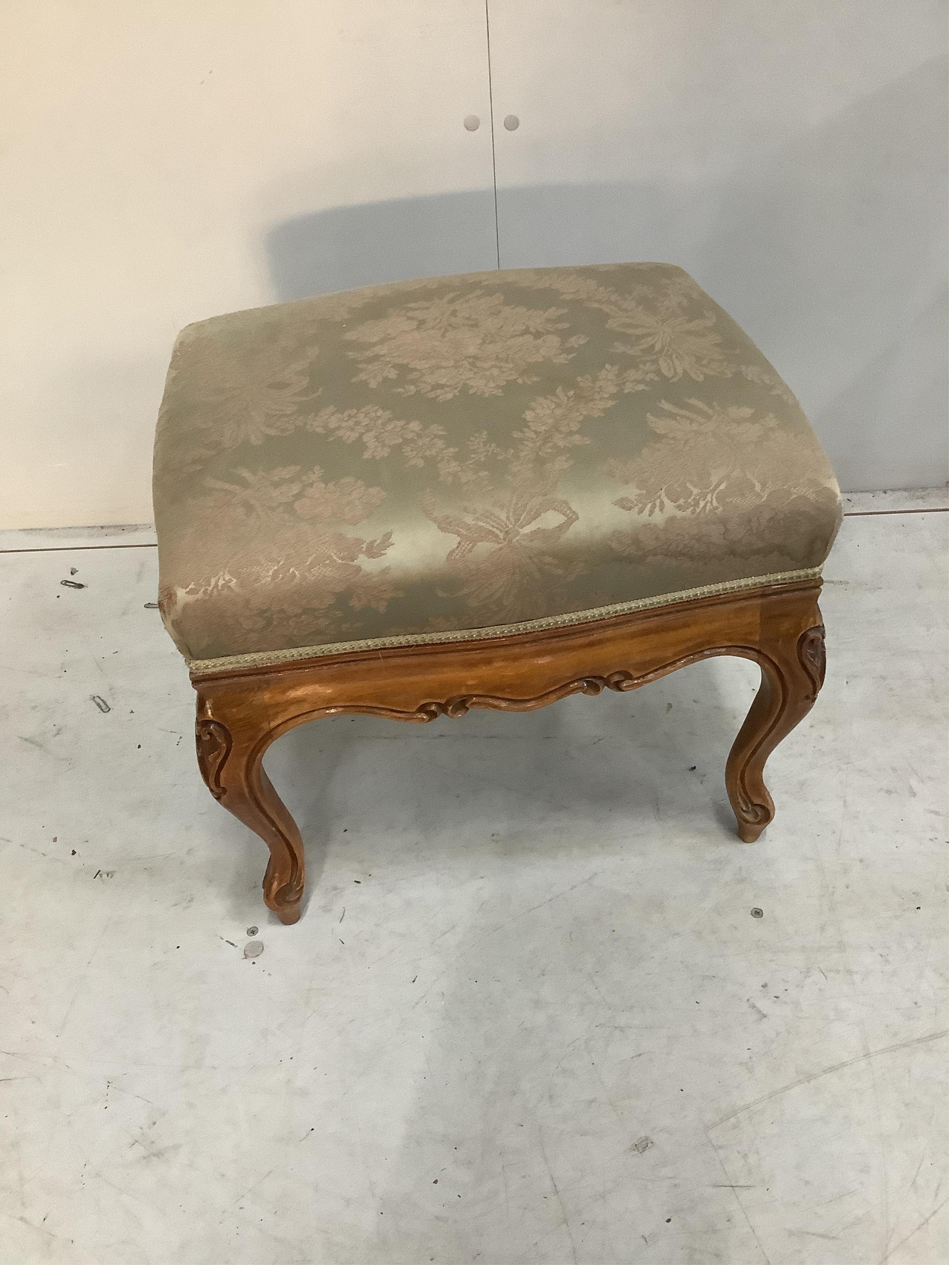 A Continental triangular mahogany occasional table, width 50cm, height 73cm, together with a beech dressing stool. Condition - poor to fair